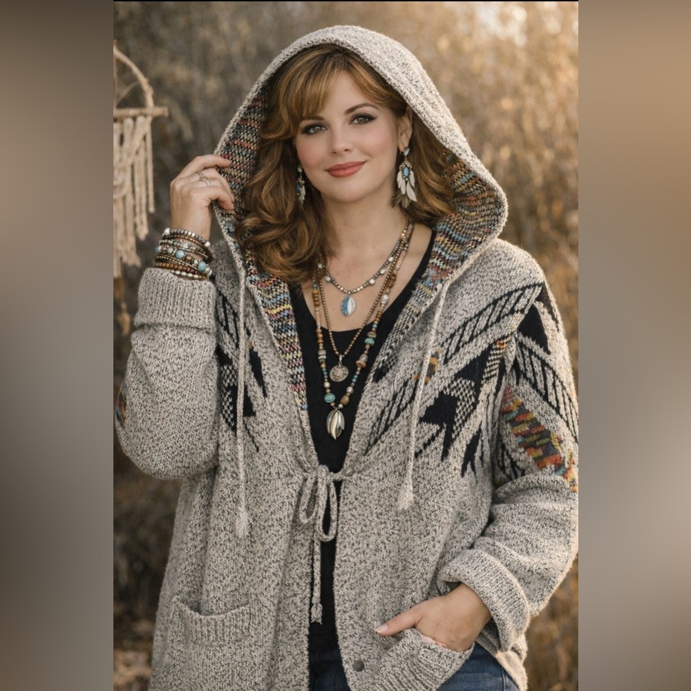 *And The Why - hooded, Aztec pattern cardigan sweater jacket
